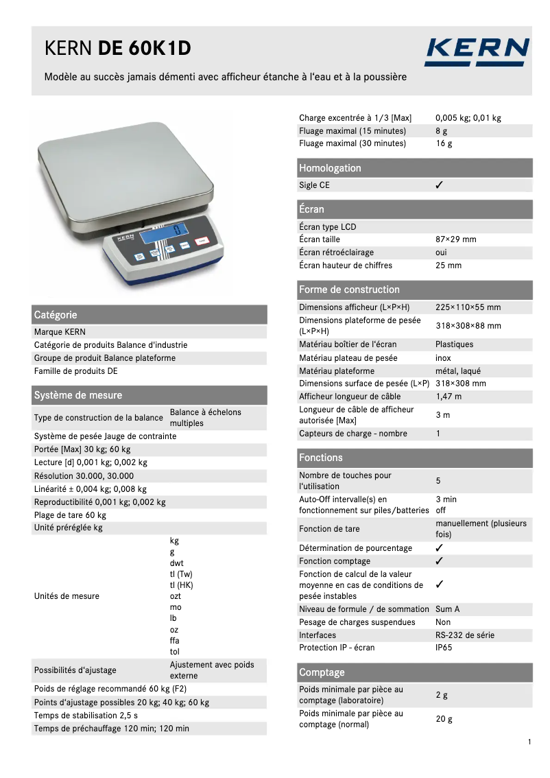 Page n°1 - Fiche technique Kern DE 60K1D