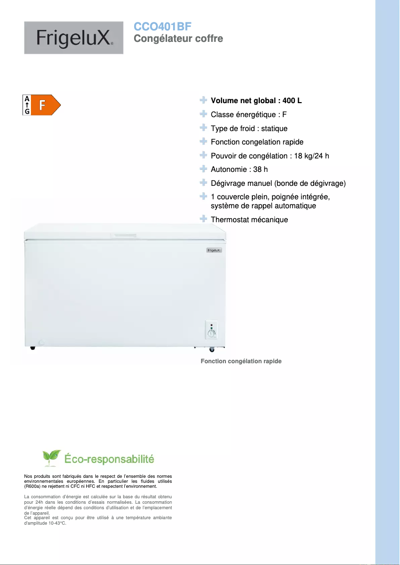 Page 1 de la notice Fiche technique FrigeluX CCO401BF