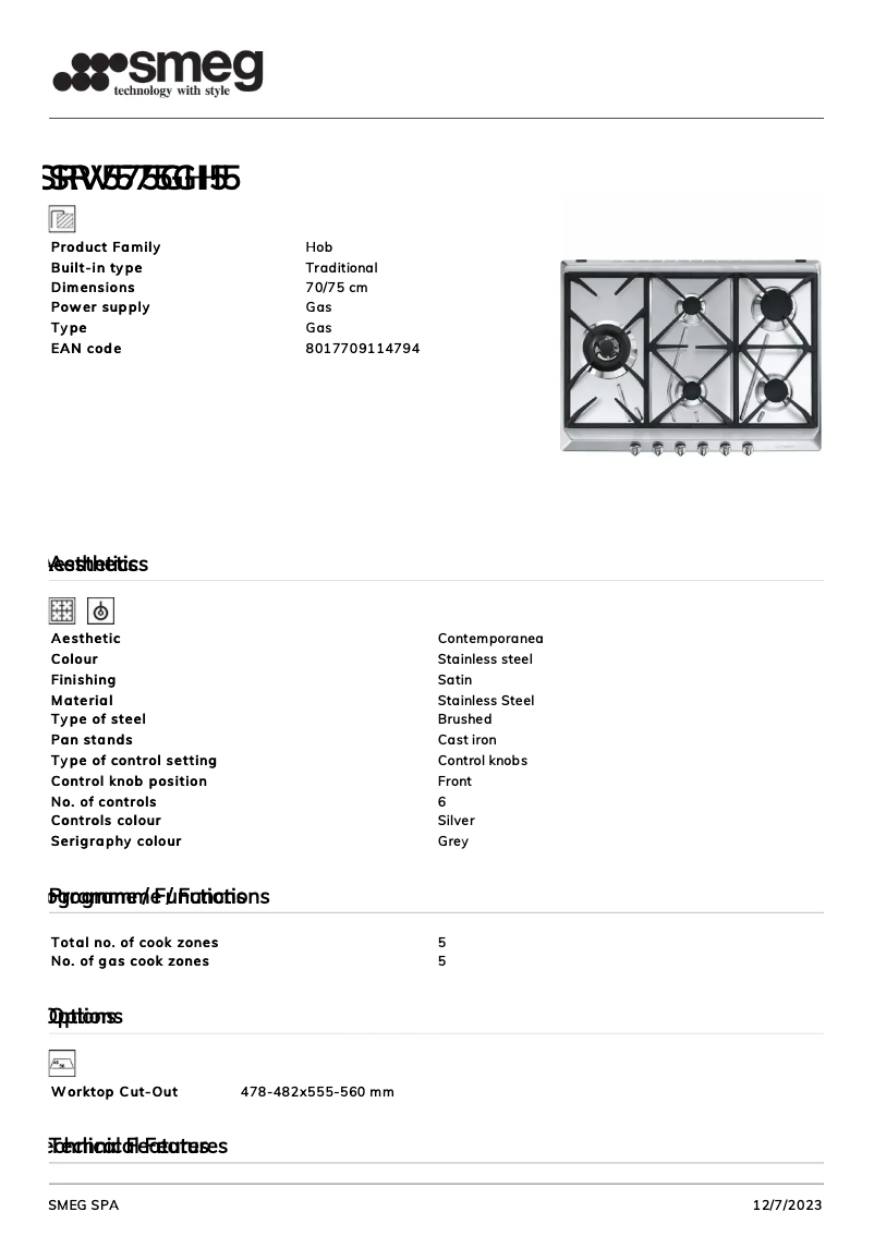 Page 1 de la notice Fiche technique Smeg SRV575GH5