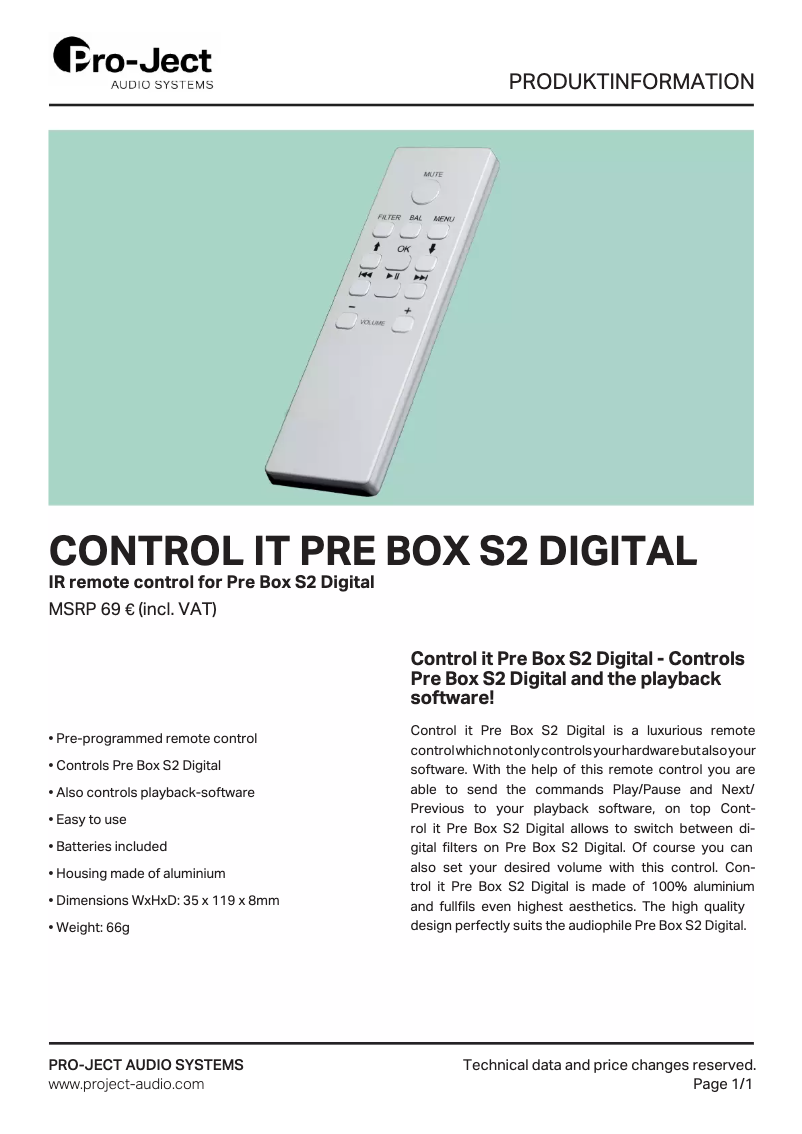 Page n°1 - Manuel utilisateur Pro-Ject Control it Pre Box S2 Digital