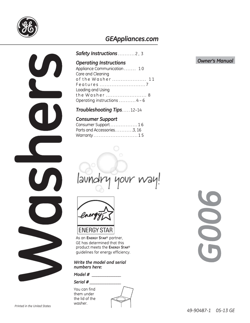 Image de la première page du manuel de l'appareil GHWN8350DWS