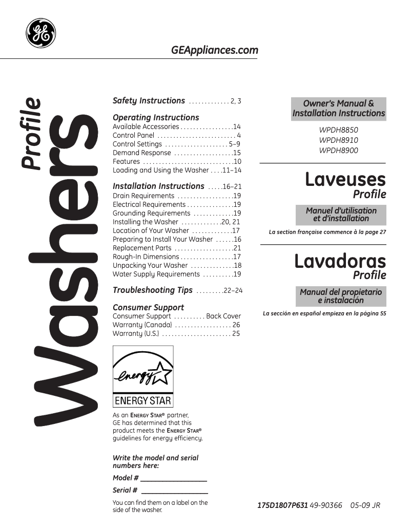 Page n°1 - Manuel utilisateur GE WPDH8900JWW