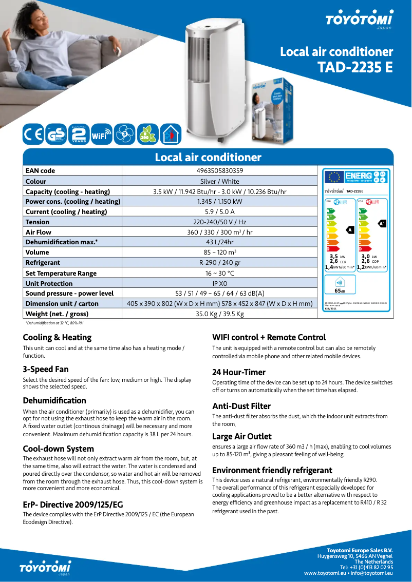Page 1 de la notice Fiche technique Toyotomi TAD-2235E