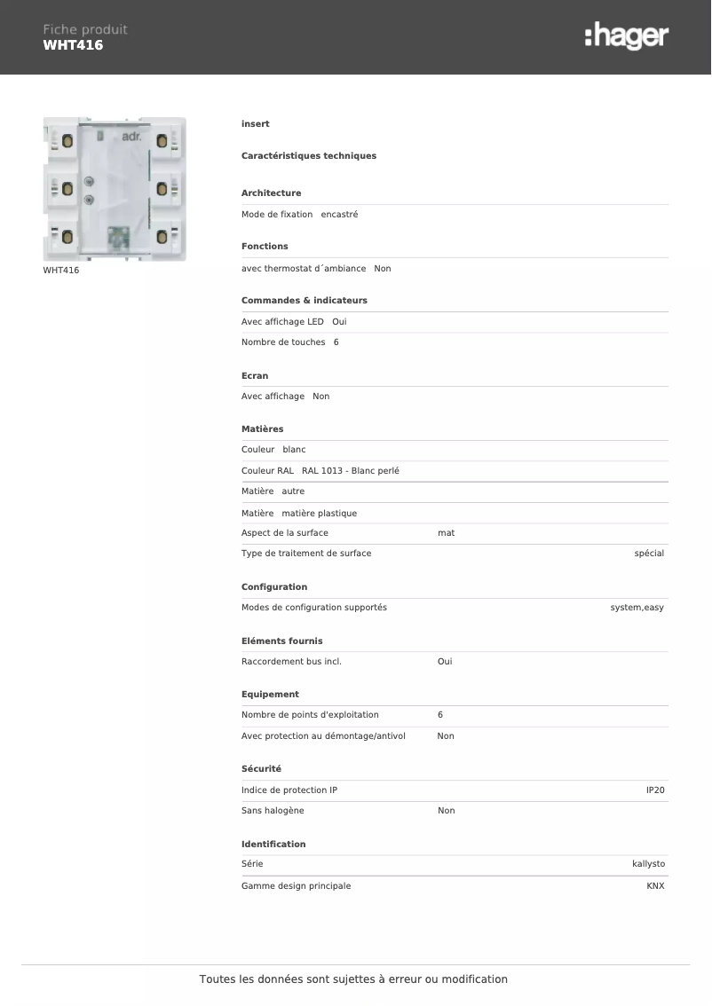 Page 1 de la notice Fiche technique Hager WHT416