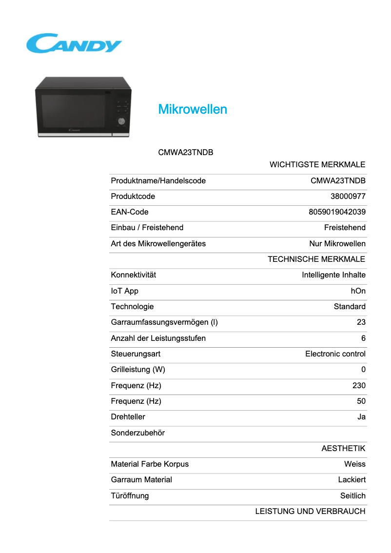 Page 1 de la notice Fiche technique Candy CMWA23TNDB