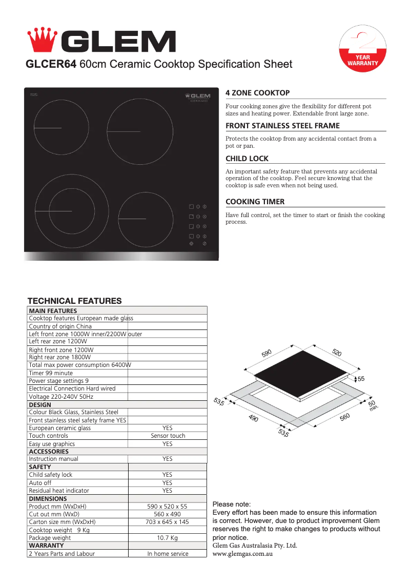 Page 1 de la notice Fiche technique Glem Gas GLCER64
