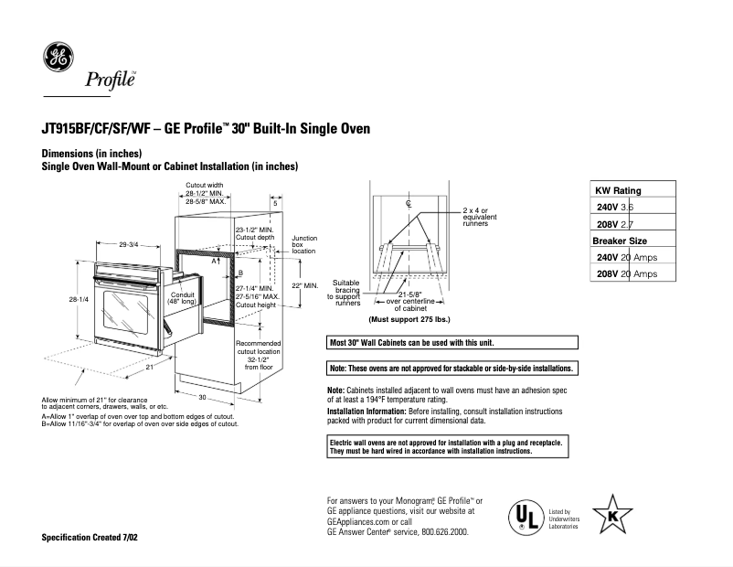 Page 1 of the manual Technical Sheet GE JT915SFSS