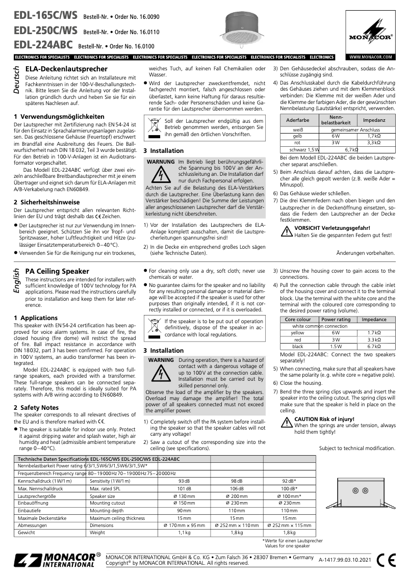 Page n°1 - Manuel utilisateur Monacor EDL-165C/WS