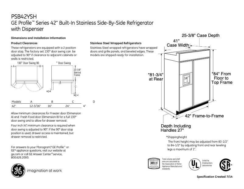Page 1 of the manual Technical Sheet GE Profile PSB42YSHSS