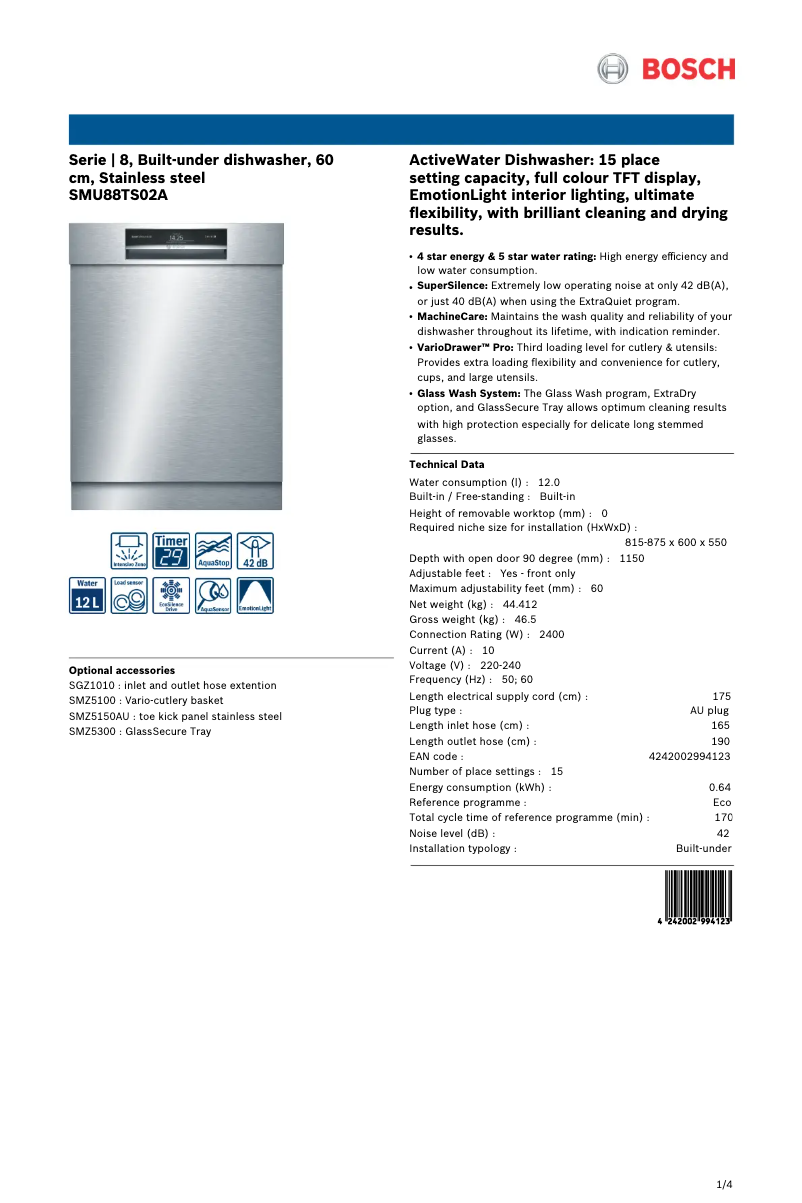 Page 1 de la notice Fiche technique Bosch SMU88TS02A