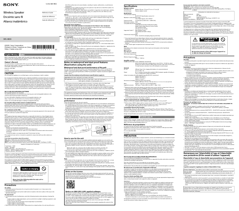 Page 1 de la notice Manuel utilisateur Sony SRS-XB33