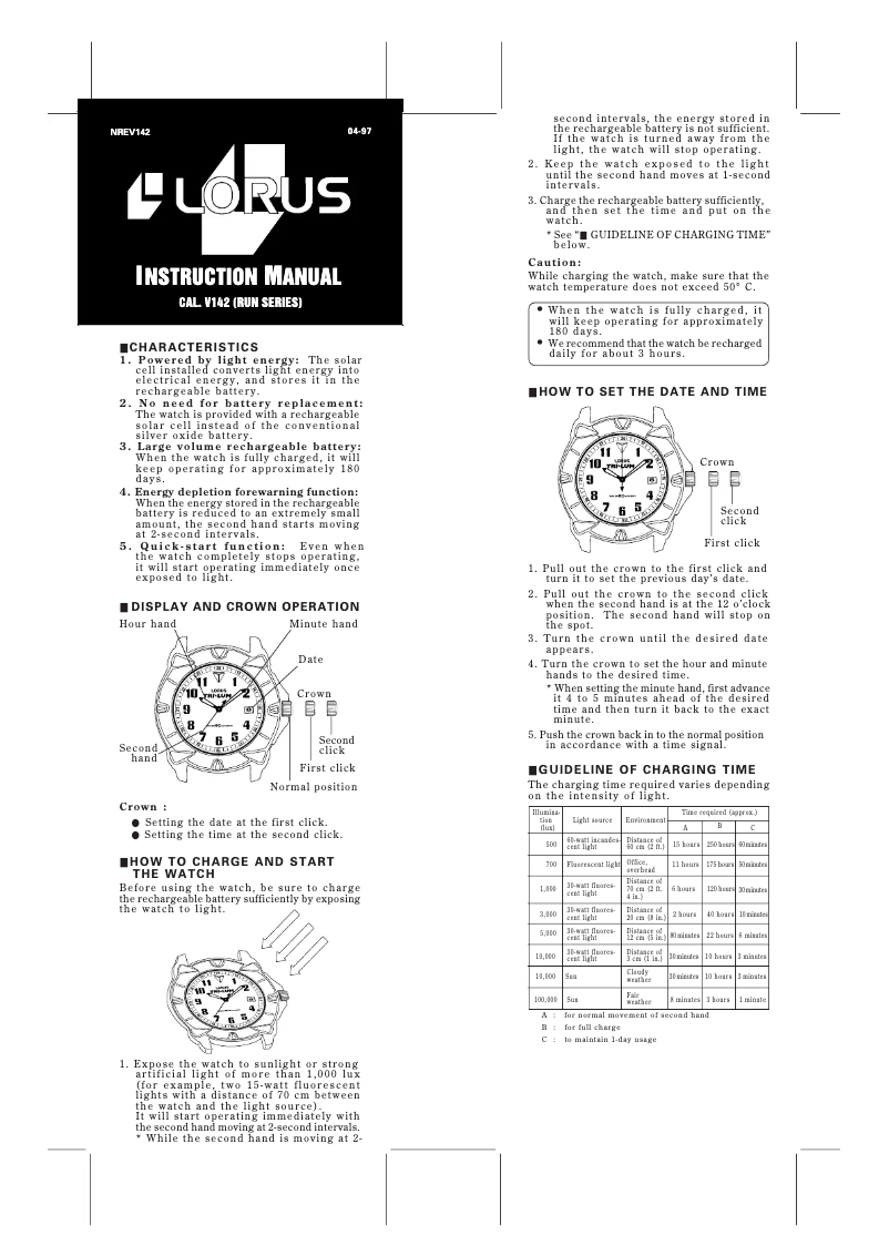 Page 1 de la notice Manuel utilisateur Lorus V142