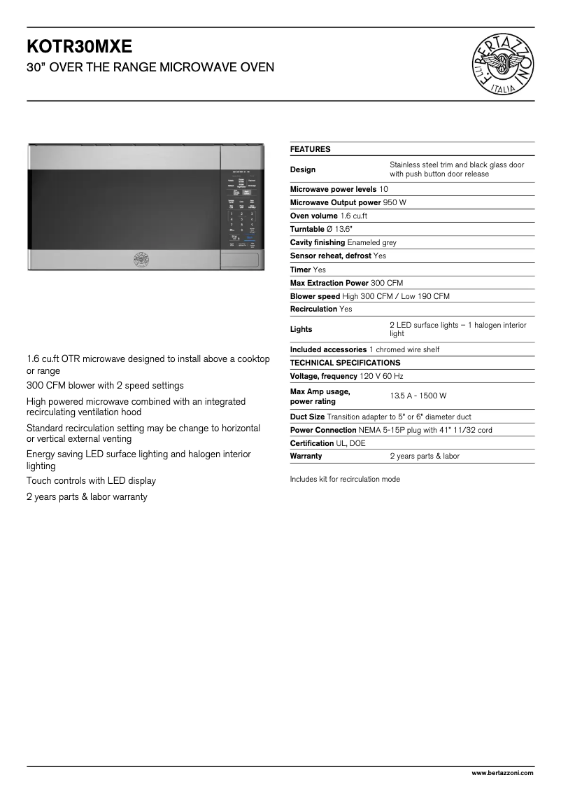 Page 1 de la notice Fiche technique Bertazzoni KOTR30MXE