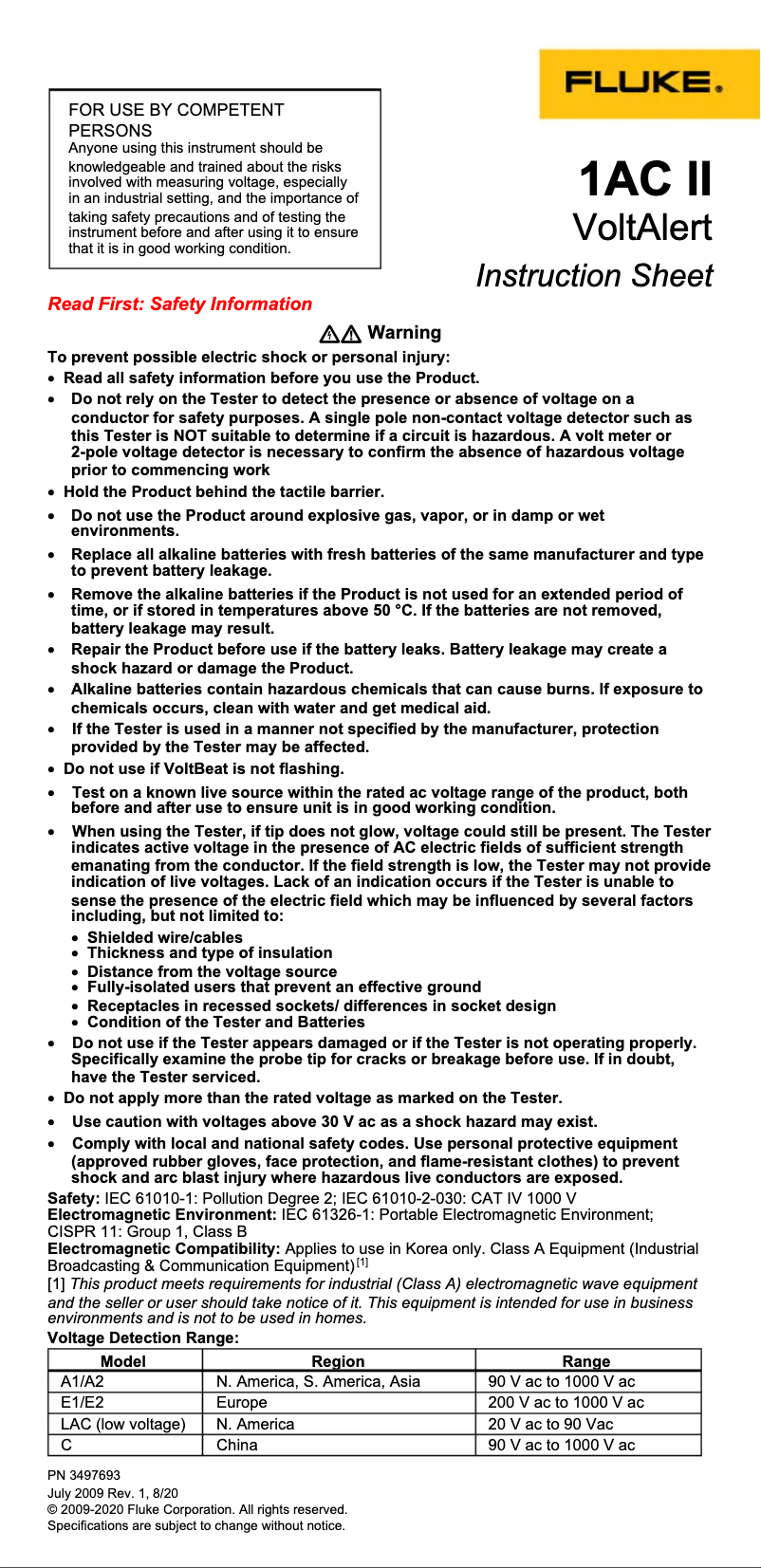 Page 1 de la notice Manuel utilisateur Fluke VoltAlert 1AC II