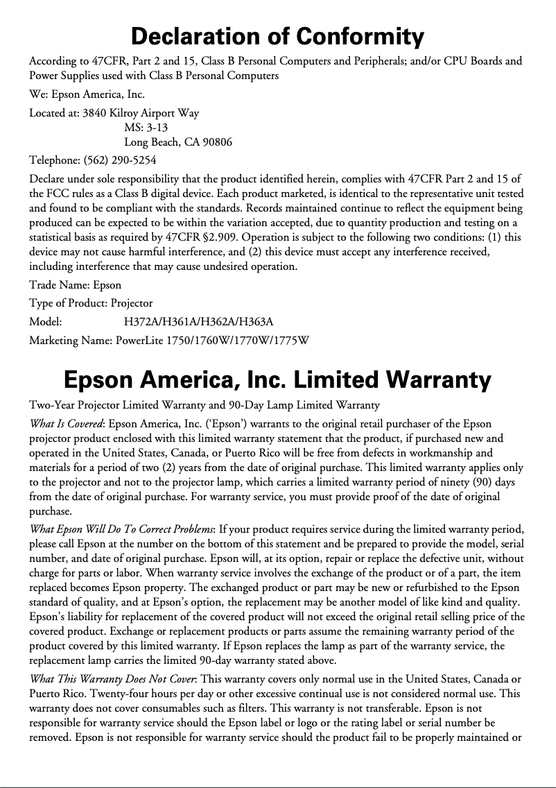 Page 1 de la notice Informations de garantie Epson PowerLite 1770W