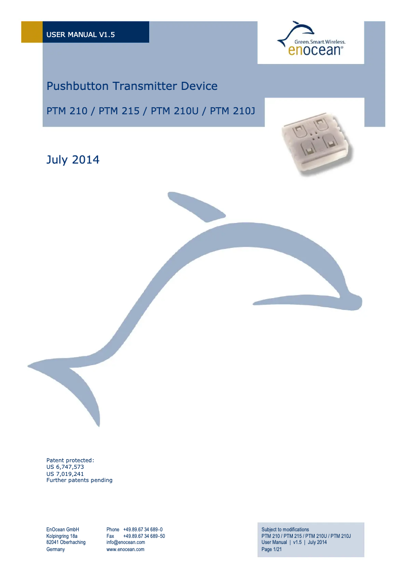 Page n°1 - Manuel utilisateur EnOcean PTM 215