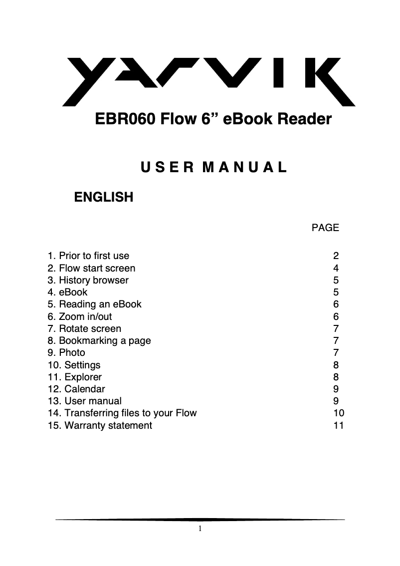 Page n°1 - Manuel utilisateur Yarvik EBR060 Flow