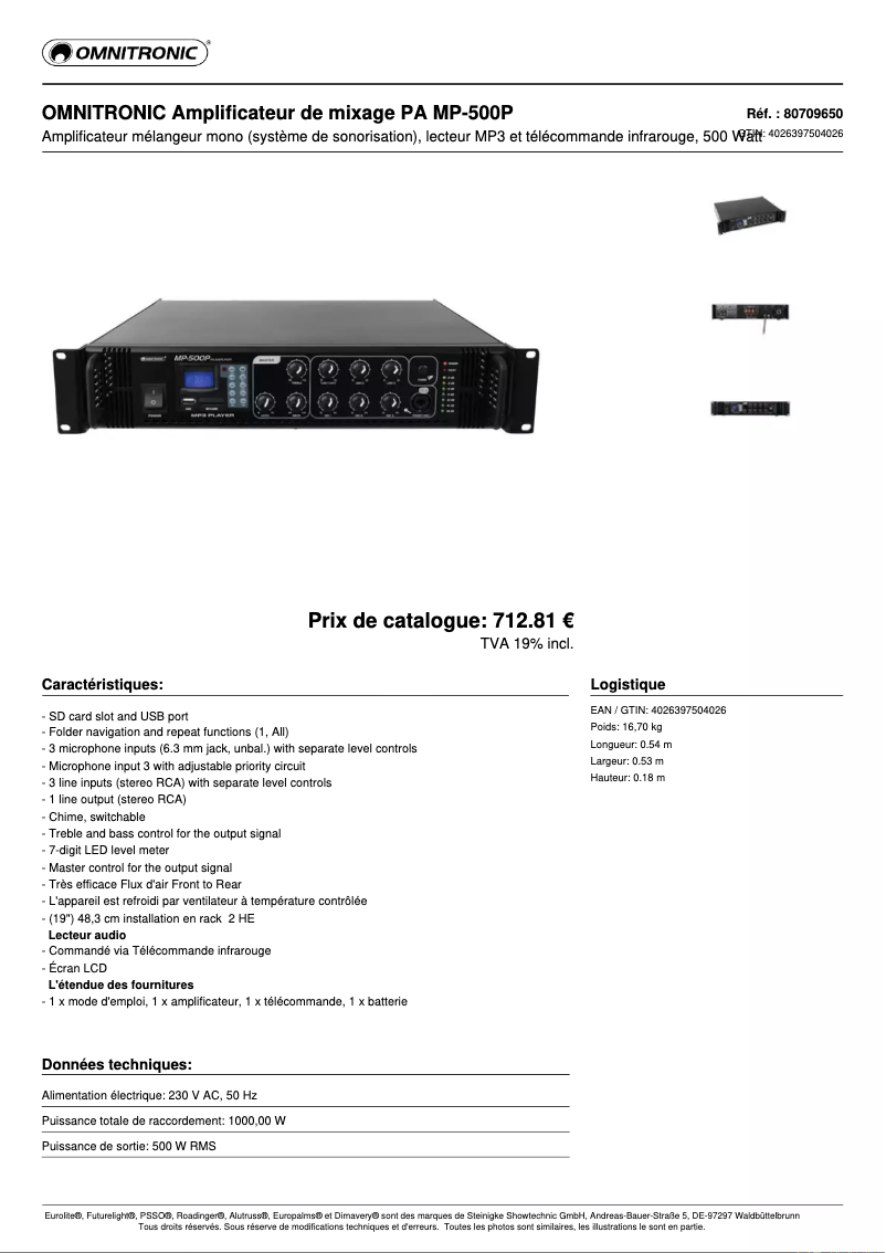 Página 1 del manual Ficha técnica Omnitronic MP-500P