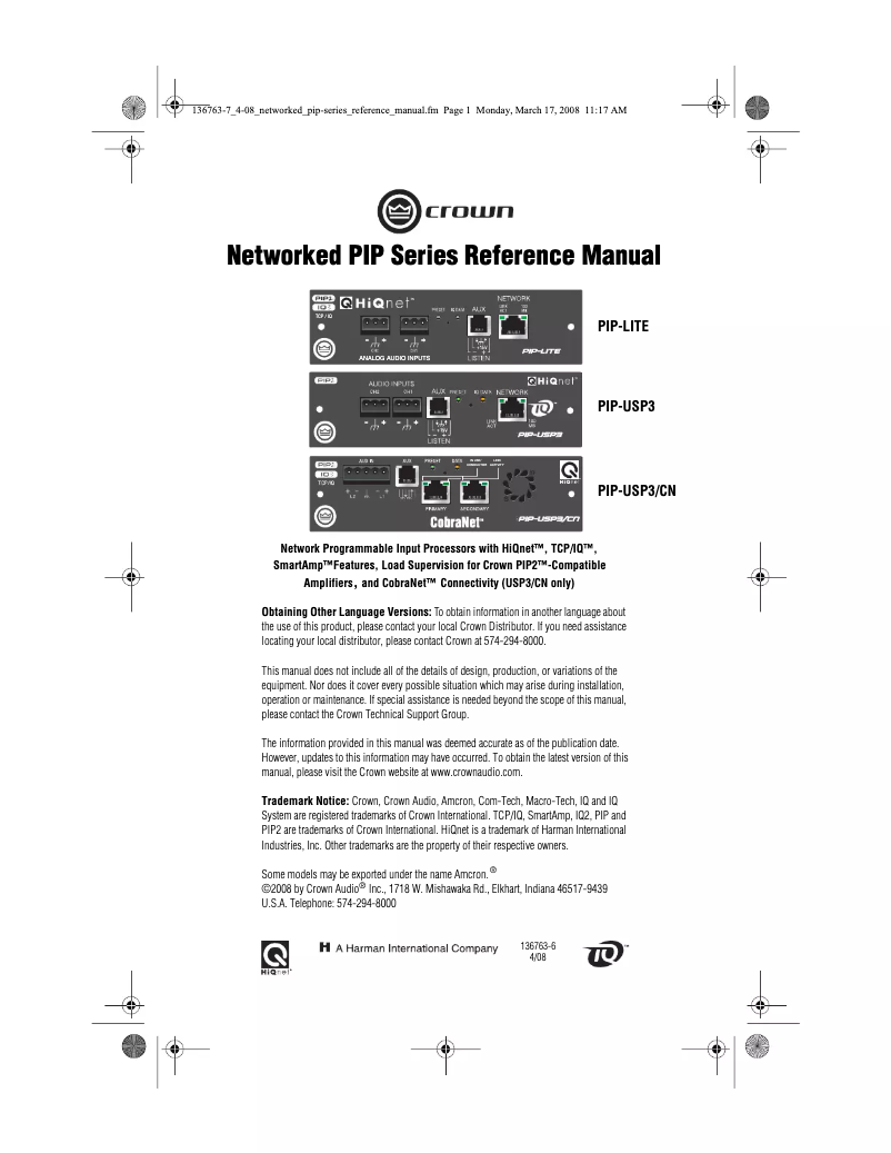 Page n°1 - Manuel utilisateur Crown PIP-Lite