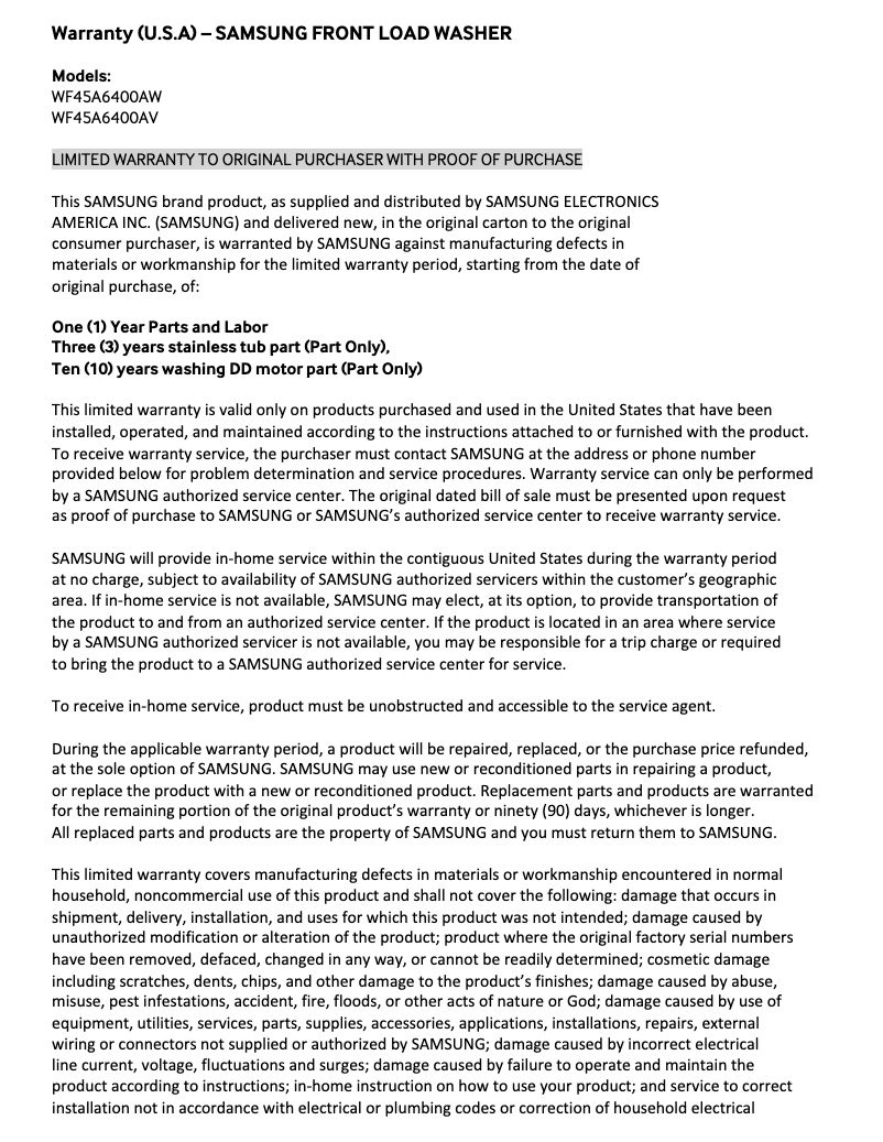 Page 1 de la notice Informations de garantie Samsung DVE45A6400W