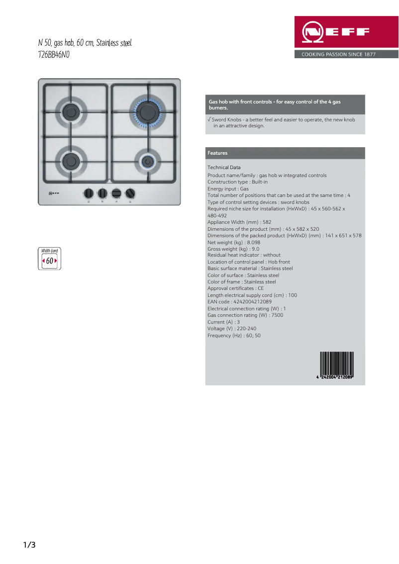 Page 1 de la notice Fiche technique Neff T26BB46N0