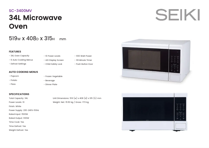 Page 1 de la notice Fiche technique Seiki SC-3400MV