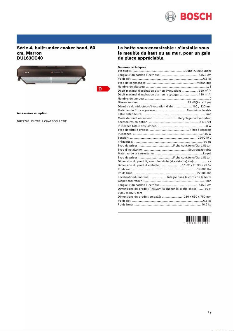 Page 1 de la notice Fiche technique Bosch DUL63CC40