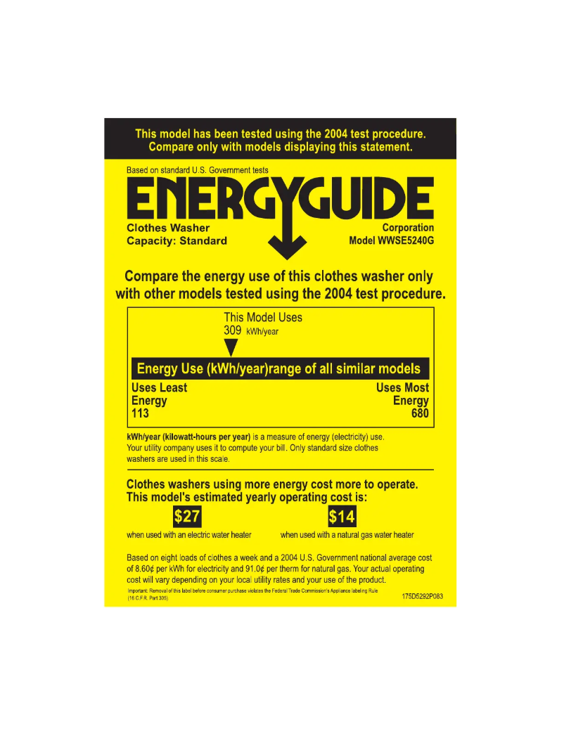 Page 1 de la notice Label énergétique GE WWSE5240GWW