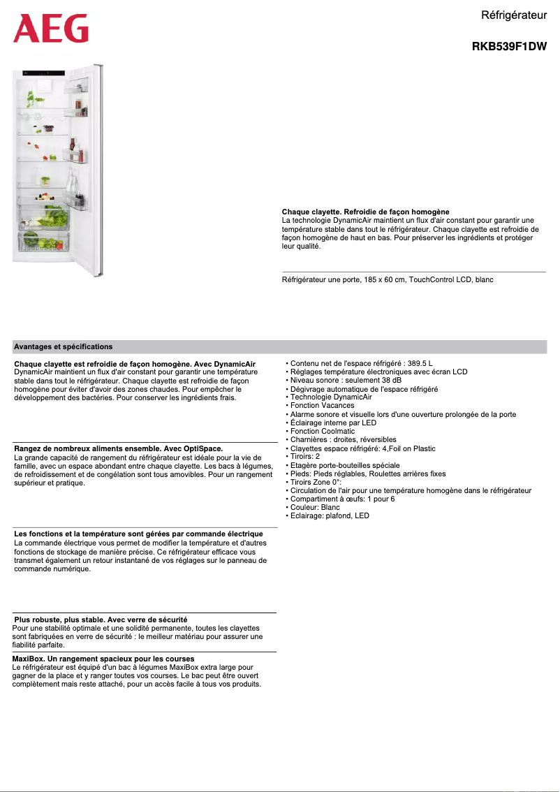 Page 1 de la notice Fiche technique AEG RKB539F1DW