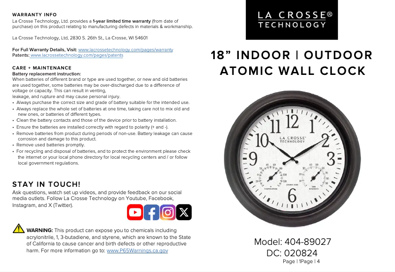 Page n°1 - Manuel utilisateur La Crosse Technology 404-89027