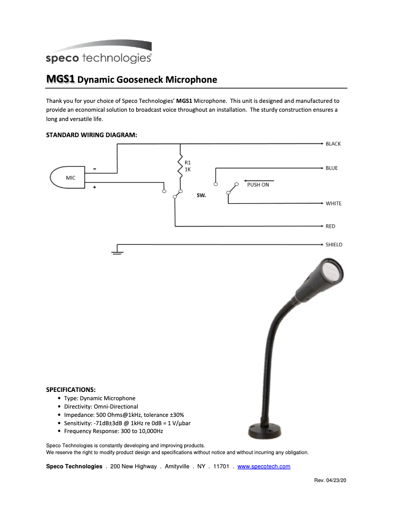 Page n°1 - Manuel utilisateur Speco Technologies MGS1