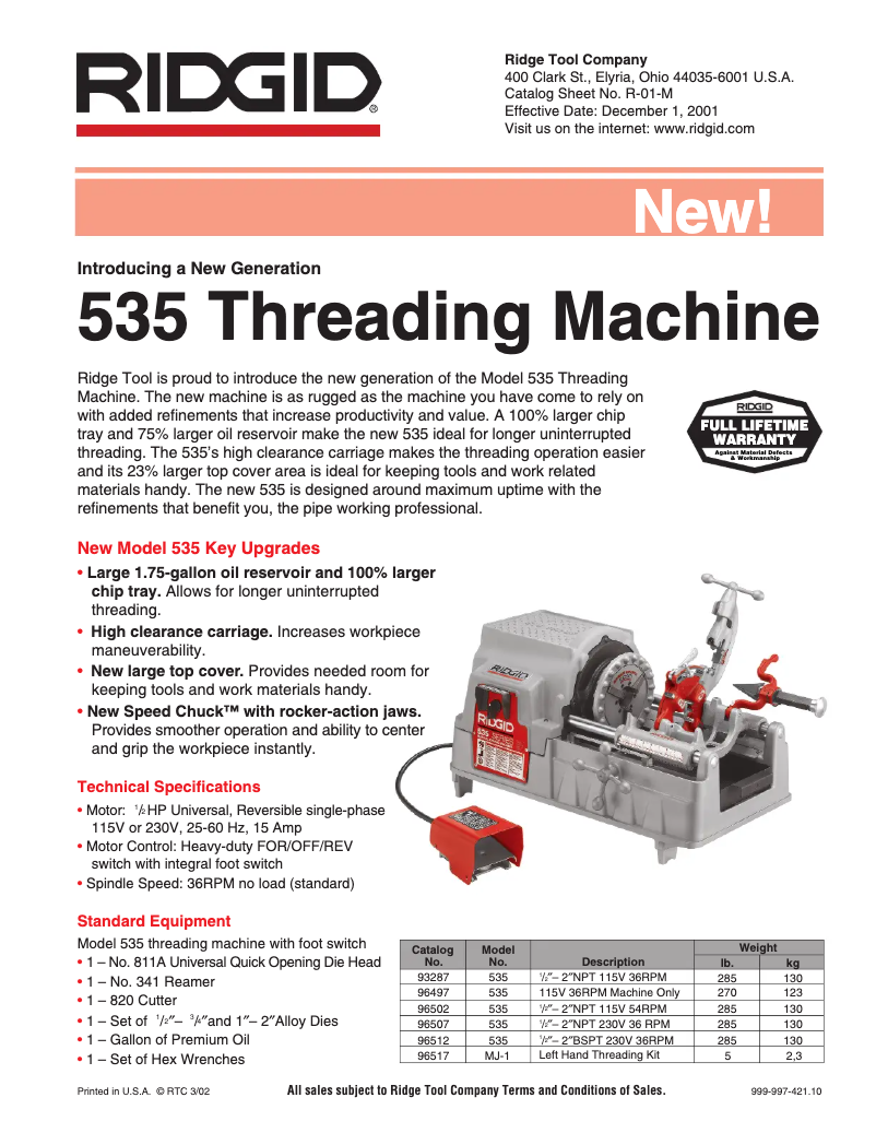 Página 1 del manual Catálogo Ridgid 535