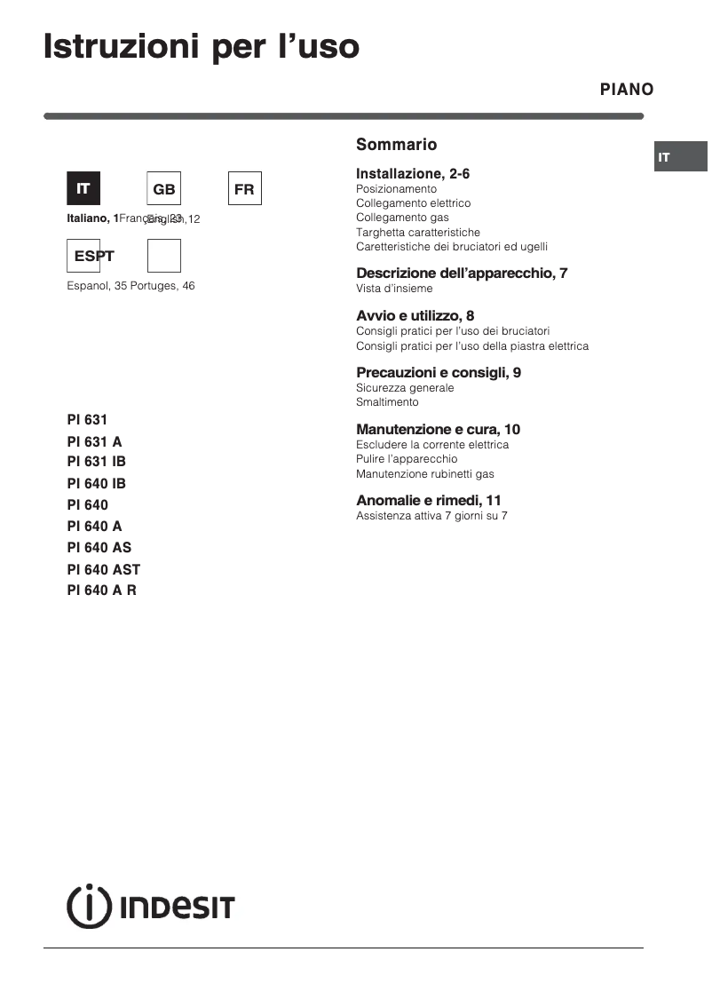 Page 1 de la notice Manuel utilisateur Indesit PI 640 A (TF)