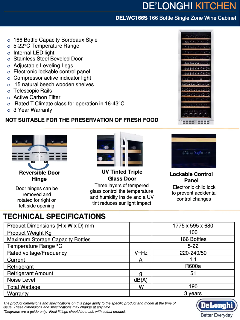 Page 1 de la notice Fiche technique DeLonghi DELWC166S