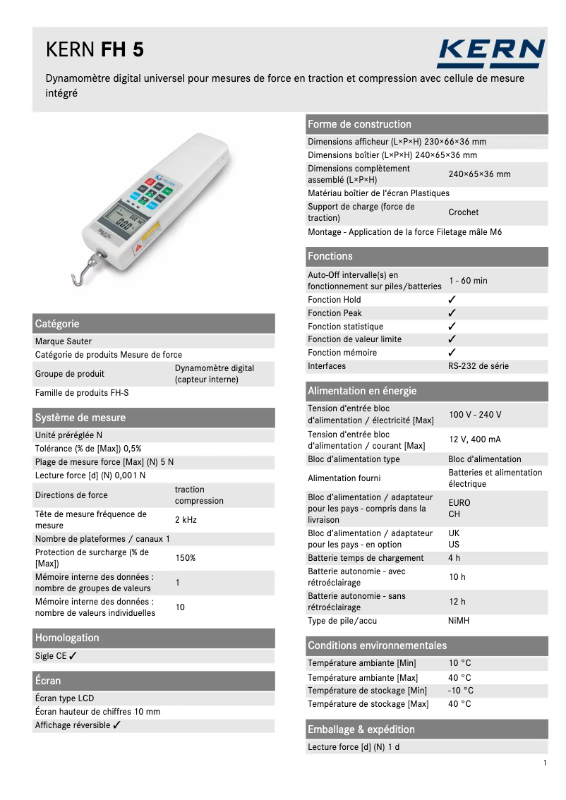 Page 1 de la notice Fiche technique Kern FH 5