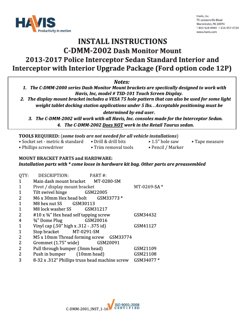 Page 1 de la notice Manuel utilisateur Havis C-DMM-2002