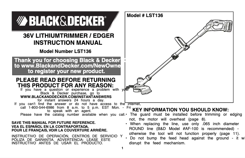 Page 1 de la notice Manuel utilisateur Black & Decker LST136