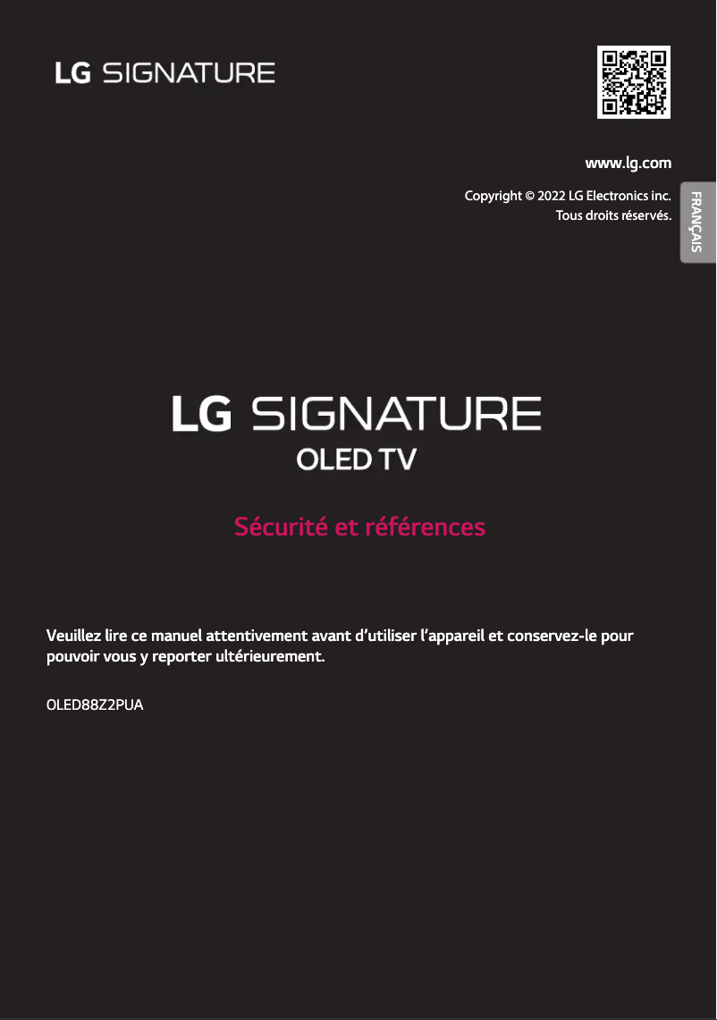 Page 1 de la notice Manuel utilisateur LG OLED88Z2PUA