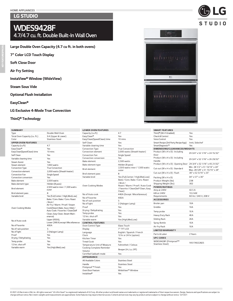 Page n°1 - Fiche technique LG WDES9428F