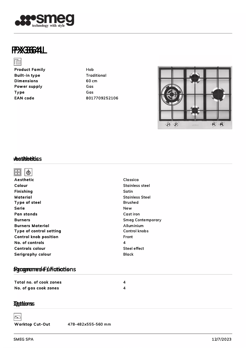 Page 1 de la notice Fiche technique Smeg PX364L