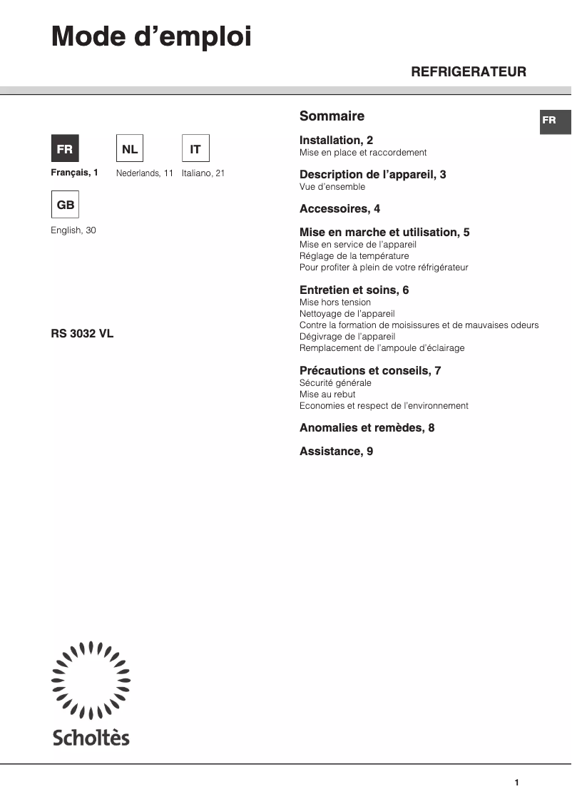 Page n°1 - Manuel utilisateur Scholtès RS 3032 V L