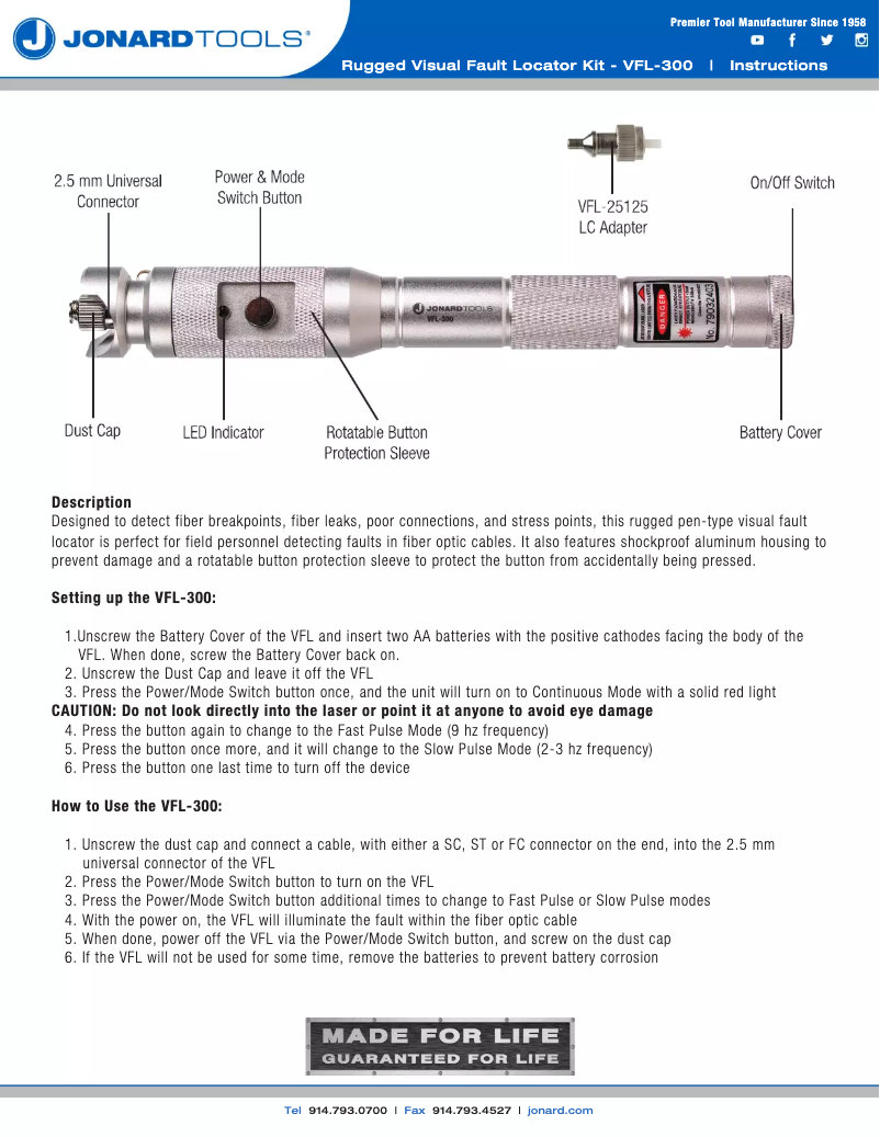 Página 1 del manual Manual de usuario Jonard Tools VFL-300
