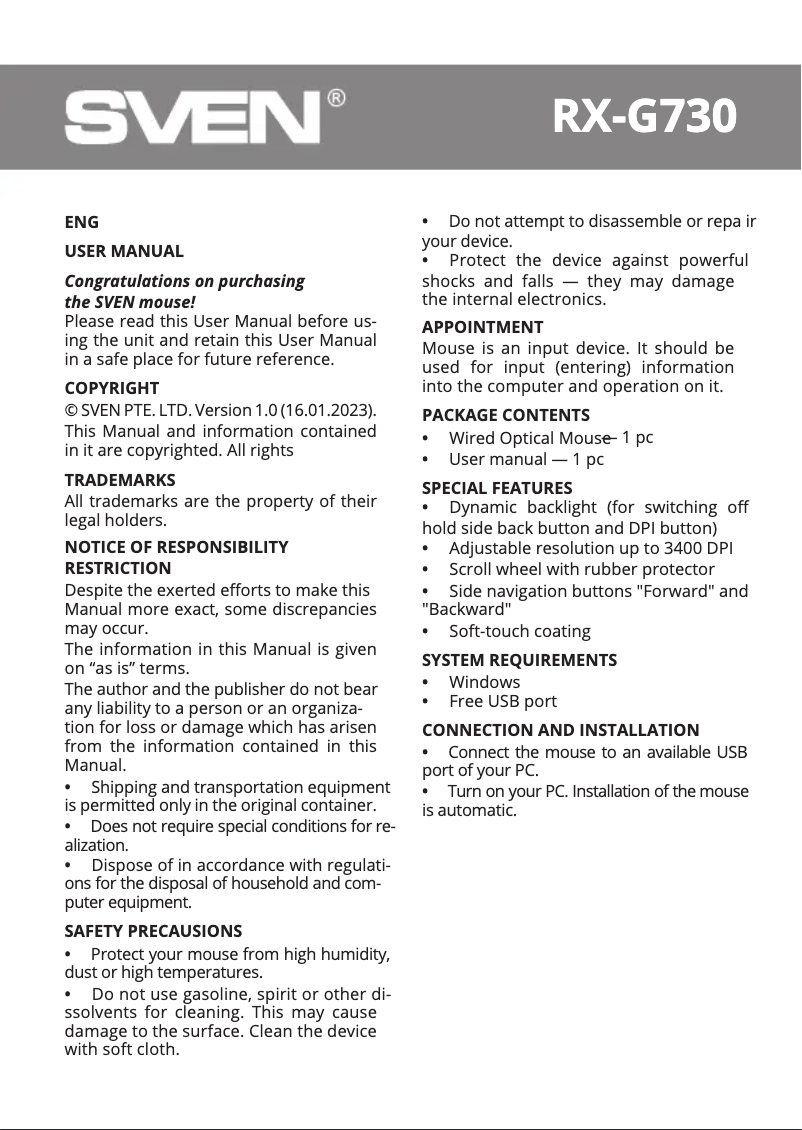 Página 1 del manual Manual de usuario Sven RX-G730