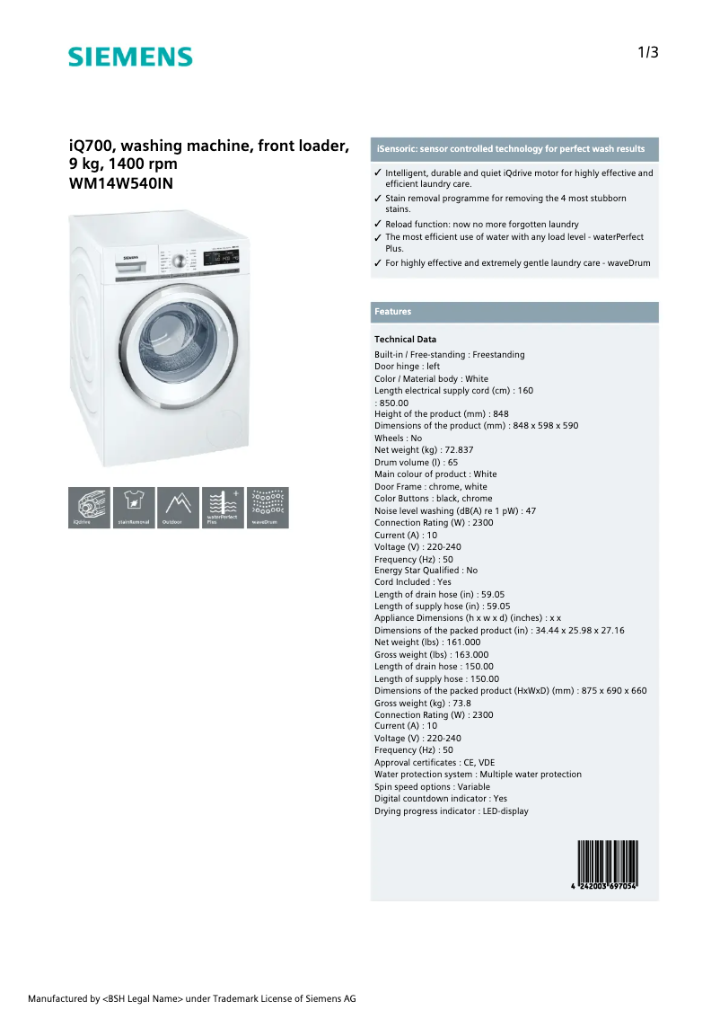Page n°1 - Fiche technique Siemens WM14W540IN