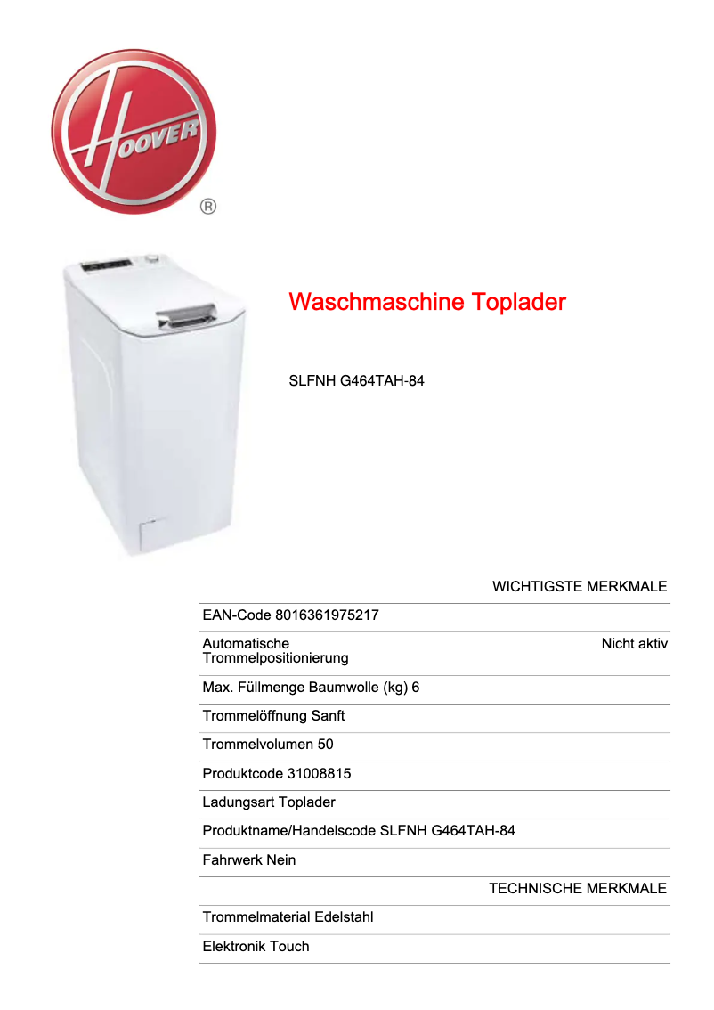 Page 1 de la notice Fiche technique Hoover SLFNH G464TAH-84