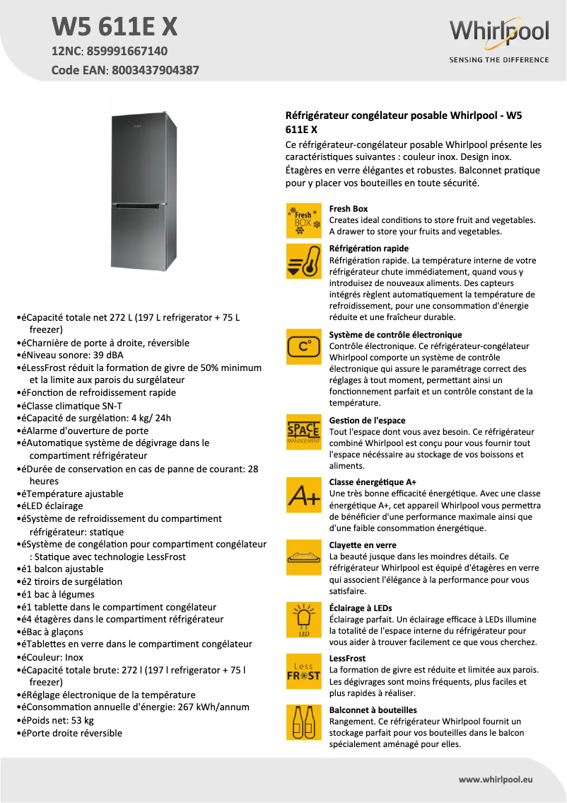 Página 1 del manual Ficha técnica Whirlpool W5 611E X