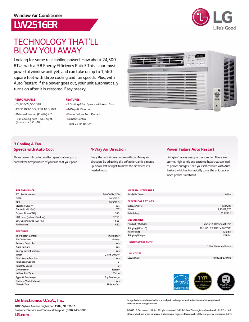 Page 1 of the manual Technical Sheet LG LW2516ER