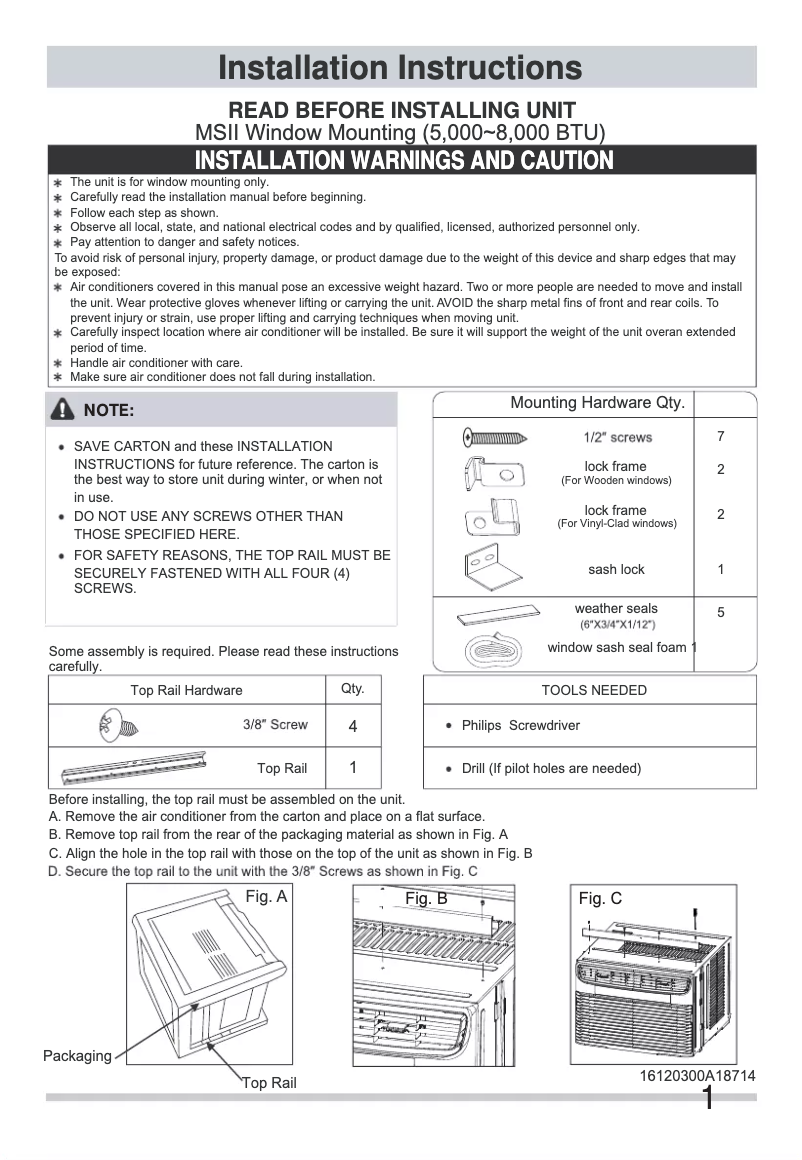 Page 1 de la notice Guide d'installation Frigidaire FHWW082WCE