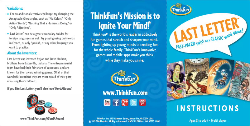 Page 1 de la notice Manuel utilisateur ThinkFun Last Letter