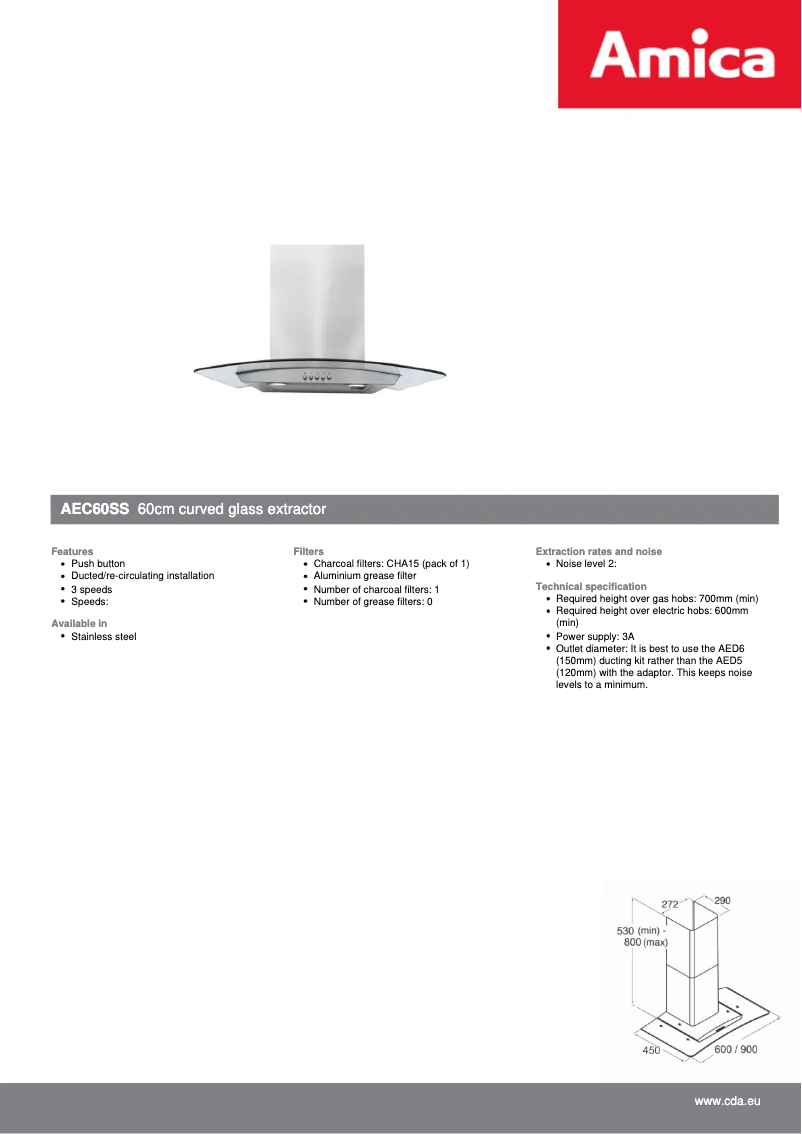 Page n°1 - Fiche technique Amica AEC60SS